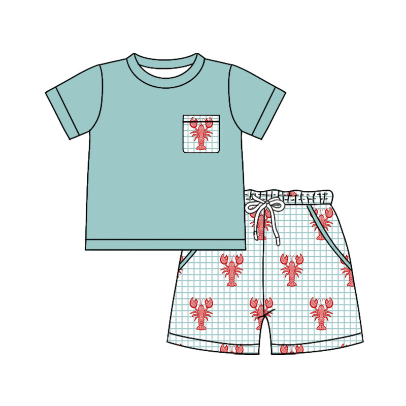 Preorder (moq 5)Baby Boys Aqua Shirt Top Crayfishes Checked Pockets Shorts Clothes Set