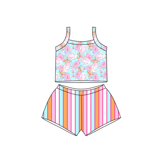 Preorder moq 5 Baby Girls Strap Bows Flamings Top Stripe Short Clothes Sets