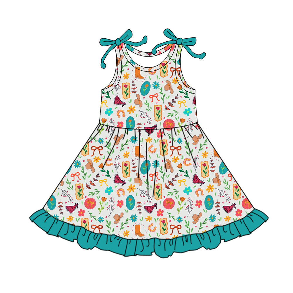 Preorder (moq 5)Baby Girls Flowers Hat Boots Western Ruffle Knee Length Dresses