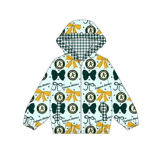 Preorder(moq 8)Baby Girls Yellow Green Bows Oakland Pockets Zipper Team Ruffle Hoodies Jackets