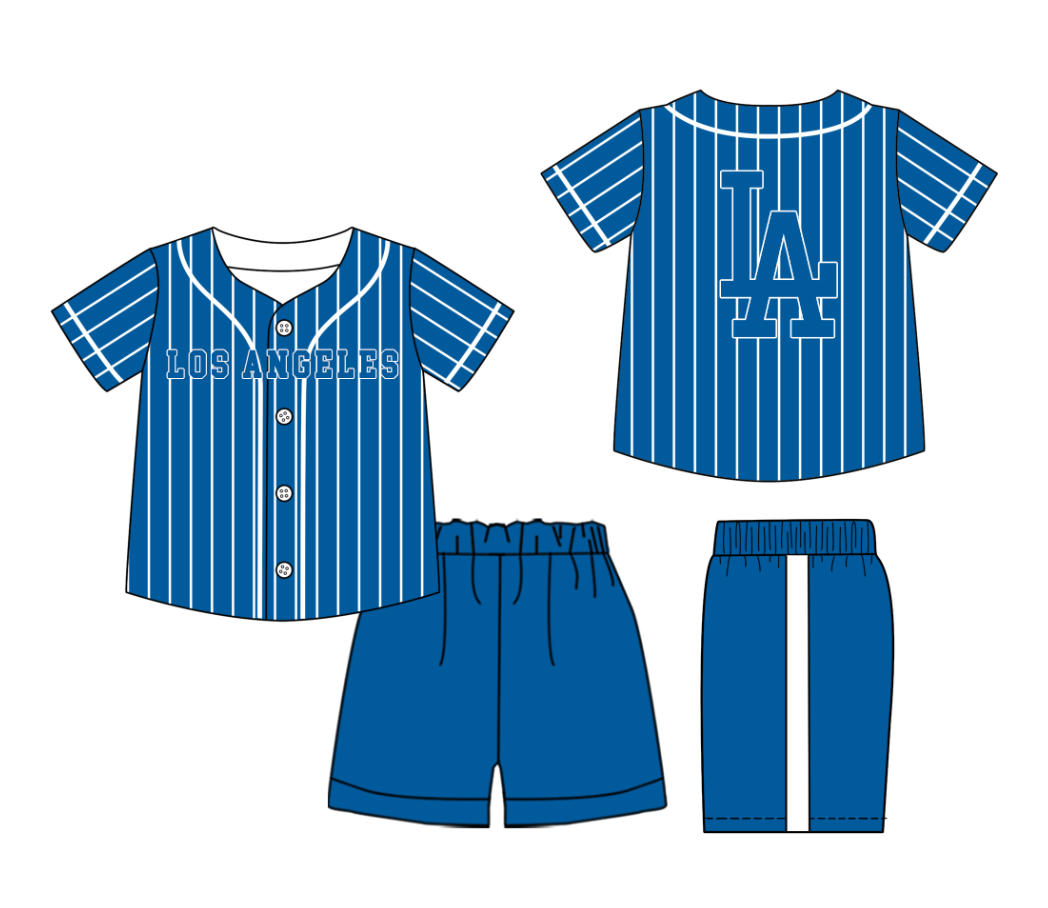Preorder (moq 5)Baby Boys Blue Stripe Los Angeles Button Top Shorts Team Clothes Sets