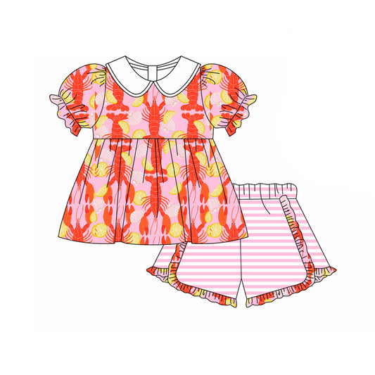 Preorder (moq 5)Baby Girls Crayfishes Shells Collar Tunic Ruffle Shorts Clothes Sets