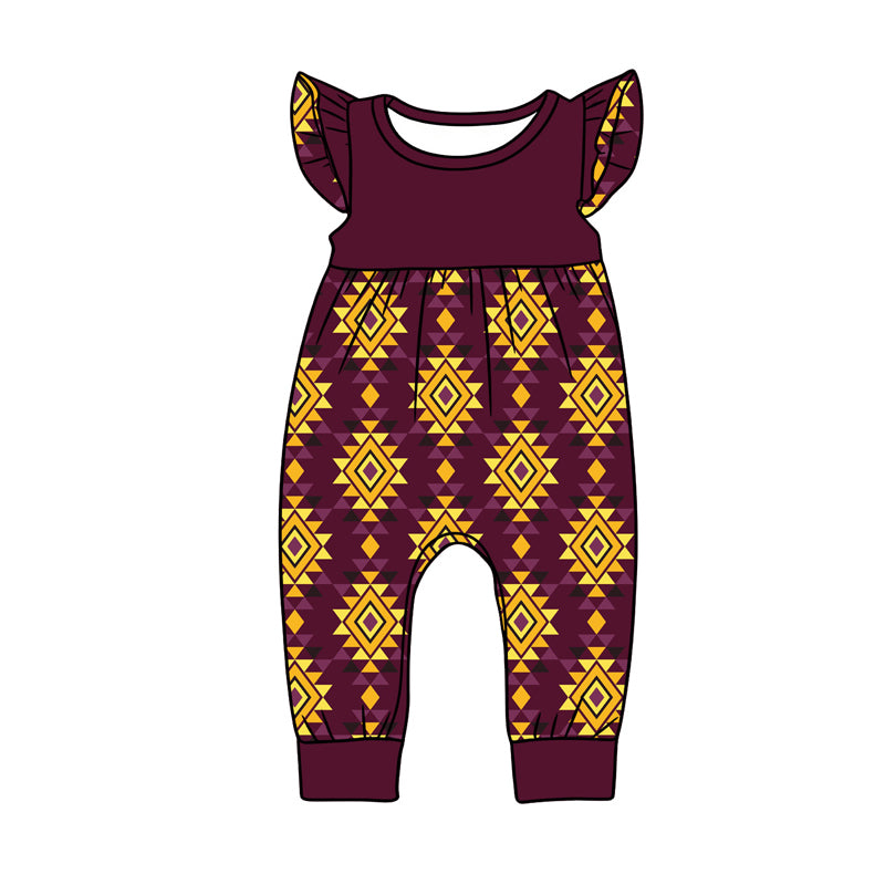 preorder(moq 5) Baby Girls Flutter Sleeve Western Yellow Red Aztec Rompers