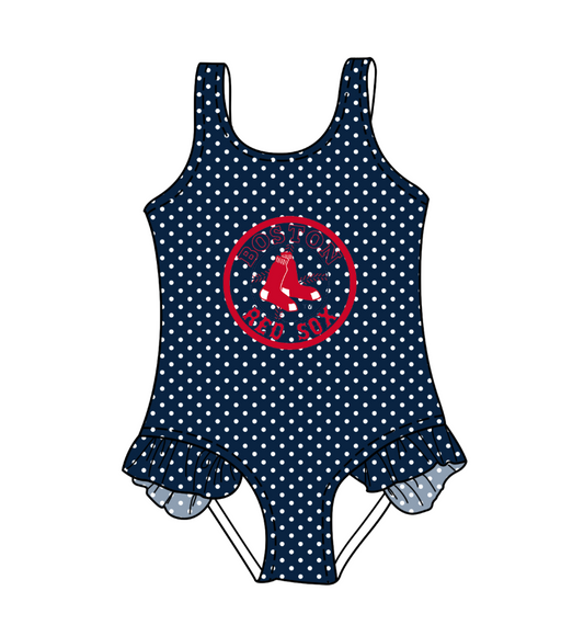 Preorder moq 5 Baby Girls Sleeveless Black Polka Dots Boston Red Sox Team Swimsuits