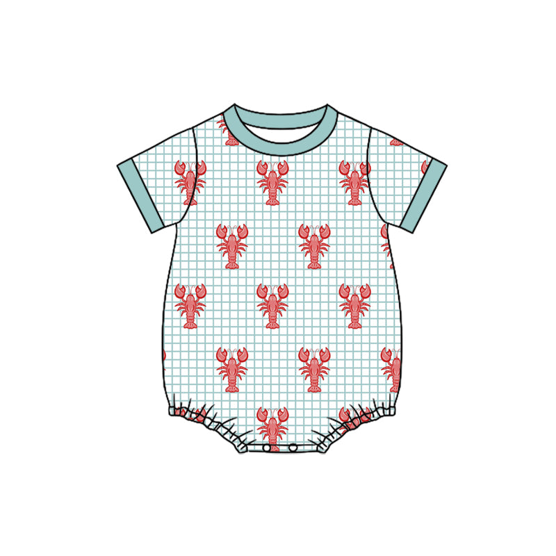 Preorder (moq 5)Baby Boys Short Sleeve Aqua Checked Crayfishes Rompers