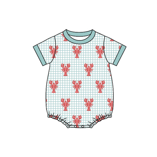 Preorder (moq 5)Baby Boys Short Sleeve Aqua Checked Crayfishes Rompers