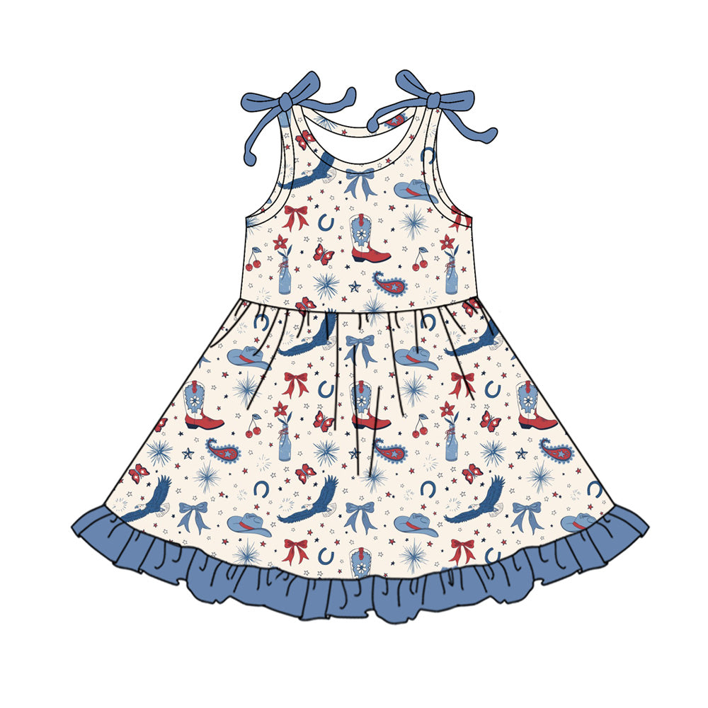 Preorder (moq 5)Baby Girls Eagles Hat Boots Western Ruffle Knee Length Dresses