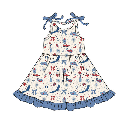 Preorder (moq 5)Baby Girls Eagles Hat Boots Western Ruffle Knee Length Dresses