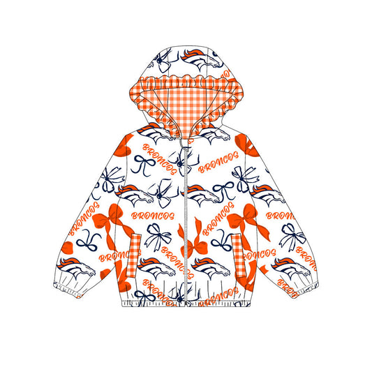 Preorder(moq 8)Baby Girls Orange Bows Broncos Pockets Zipper Team Ruffle Hoodies Jackets
