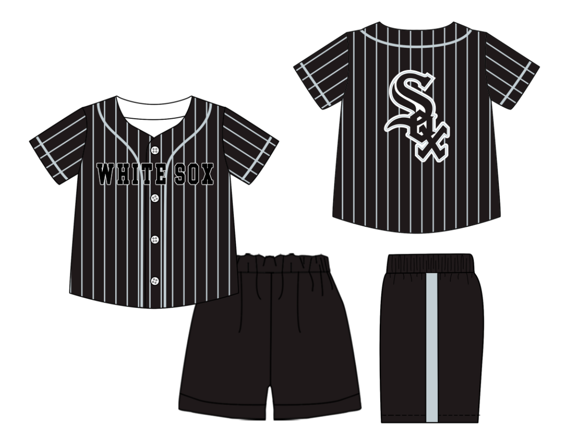 Preorder (moq 5)Baby Boys Black Stripe White Sox Button Top Shorts Team Clothes Sets