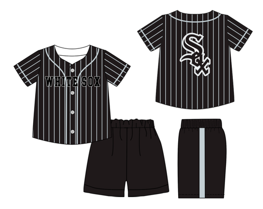 Preorder (moq 5)Baby Boys Black Stripe White Sox Button Top Shorts Team Clothes Sets
