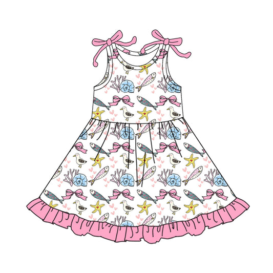 Preorder (moq 5)Baby Girls Starfishes Fishes Bows Ruffle Knee Length Dresses