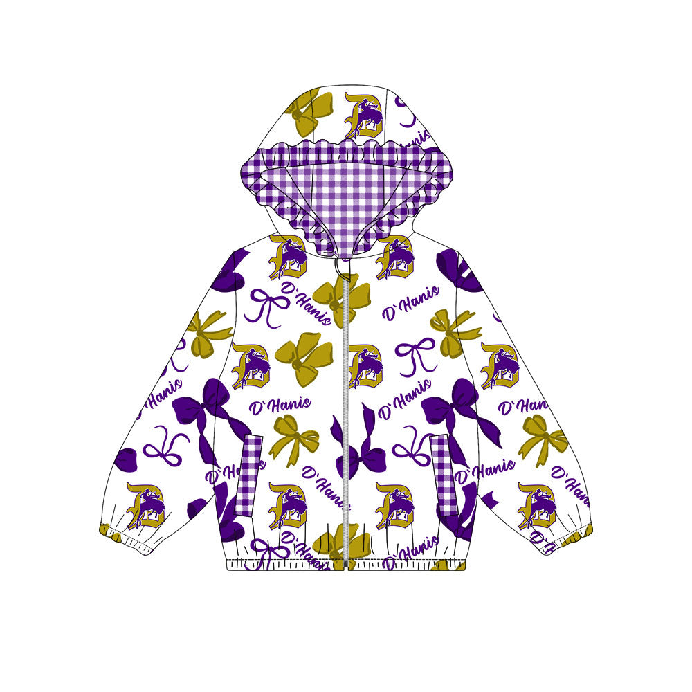 Preorder(moq 8)Baby Girls Gold Purple Bows D'Hanis Pockets Zipper Team Ruffle Hoodies Jackets