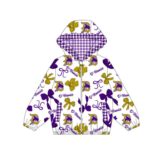 Preorder(moq 8)Baby Girls Gold Purple Bows D'Hanis Pockets Zipper Team Ruffle Hoodies Jackets