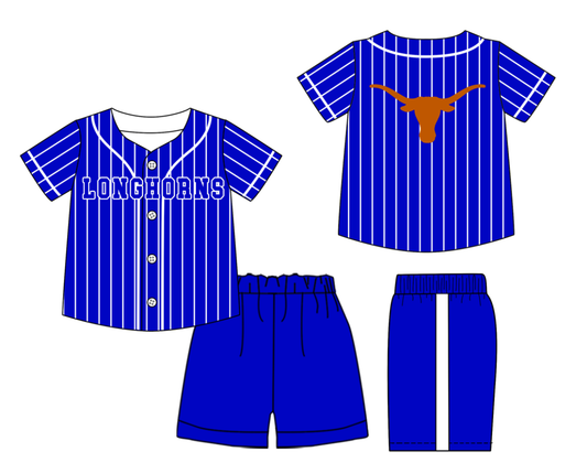 Preorder (moq 5)Baby Boys Hot Blue Stripe Longhorns Button Top Shorts Team Clothes Sets
