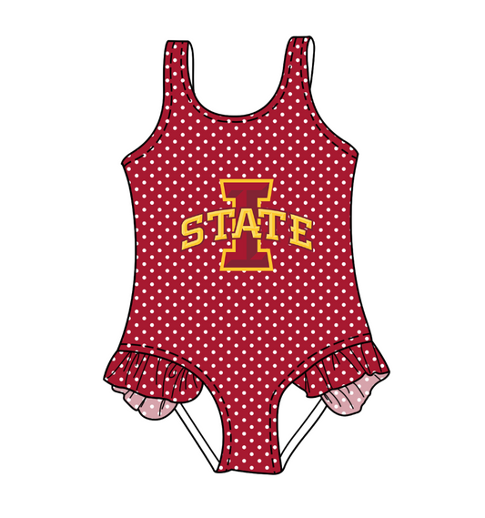 Preorder moq 5 Baby Girls Sleeveless Red Polka Dots I State Team Swimsuits