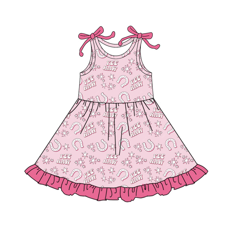 Preorder (moq 5)Baby Girls Pink Stars Shoes Western Ruffle Knee Length Dresses