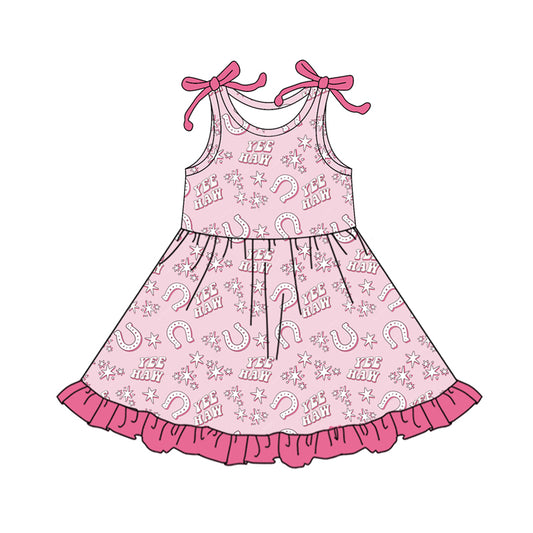 Preorder (moq 5)Baby Girls Pink Stars Shoes Western Ruffle Knee Length Dresses