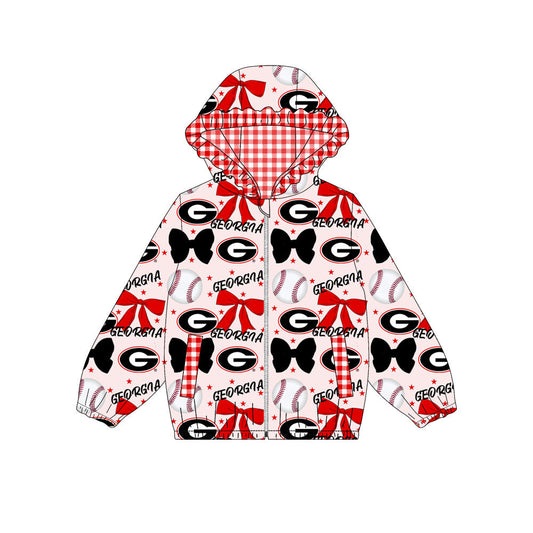 Preorder(moq 8)Baby Girls Black Red Bows Georgia Pockets Zipper Team Ruffle Hoodies Jackets