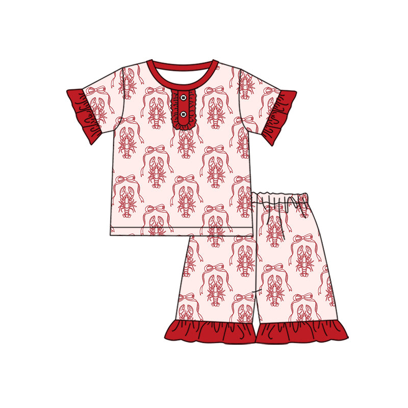 Preorder (moq 5)Baby Girls Red Bows Crayfishes Button Top Ruffle Shorts Pajamas Set