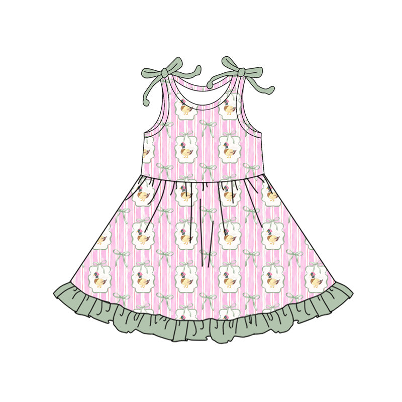 Preorder (moq 5)Baby Girls Pink Stripe Bows Ducks Hunting Ruffle Knee Length Dresses