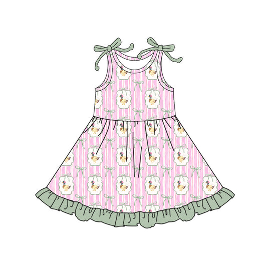Preorder (moq 5)Baby Girls Pink Stripe Bows Ducks Hunting Ruffle Knee Length Dresses