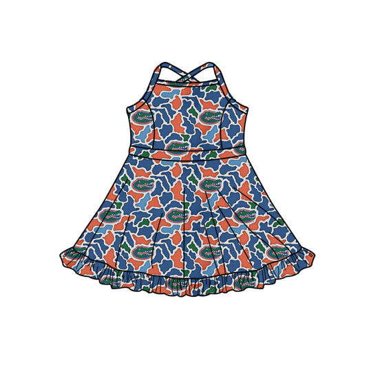 Preorder (moq 5)Baby Girls Strap Southern Blue Camo Crocodiles Team Ruffle Knee Length Dress