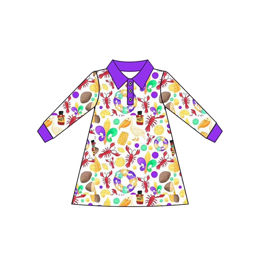 Preorder (moq 5) Baby Girl Clothes Mardi Gras Crawfish Seafood Print Long Sleeve Polo Dress