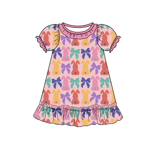 Preorder (moq 5)Baby Girls Colorful Bows Rabbits Easter Ruffle Knee Length Dresses
