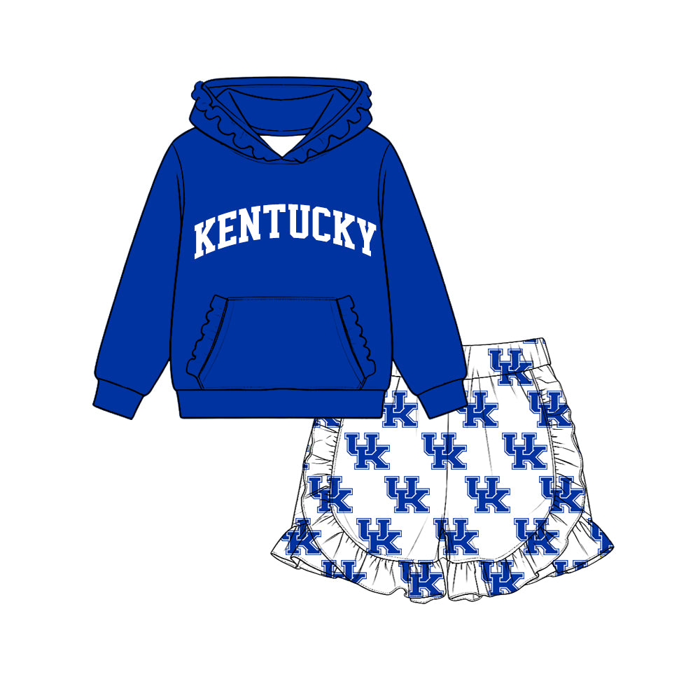 Preorder (moq 5) Baby Girl Clothes Kentucky Letter Logo Print Long Sleeve Ruffle Hoodie & Ruffle Short Set