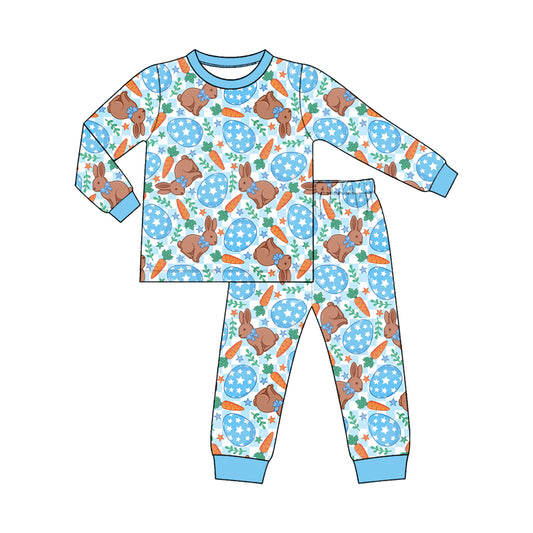 Preorder (moq 5) Baby Boy Clothes Easter Bunny Egg Carrot Checker Allover Print Long Sleeve Top Pant Pajama Set