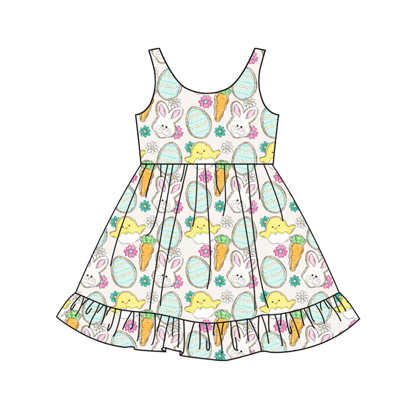Preorder (moq 5)Baby Girls Rabbits Eggs Flowers Easter Ruffle Knee Length Dresses