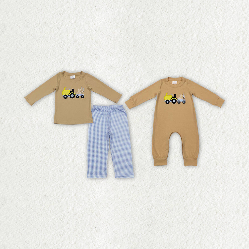 Sibling Embroidery Truck Dogs Baby Boys Khaki Shirt Pants Hunting Clothes Sets Footie Rompers