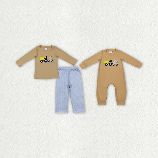 Sibling Embroidery Truck Dogs Baby Boys Khaki Shirt Pants Hunting Clothes Sets Footie Rompers