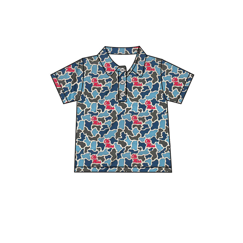 Preorder (moq 5)Baby Boys Southern Blue Camo Ole Miss Team Button Polo Shirts Top