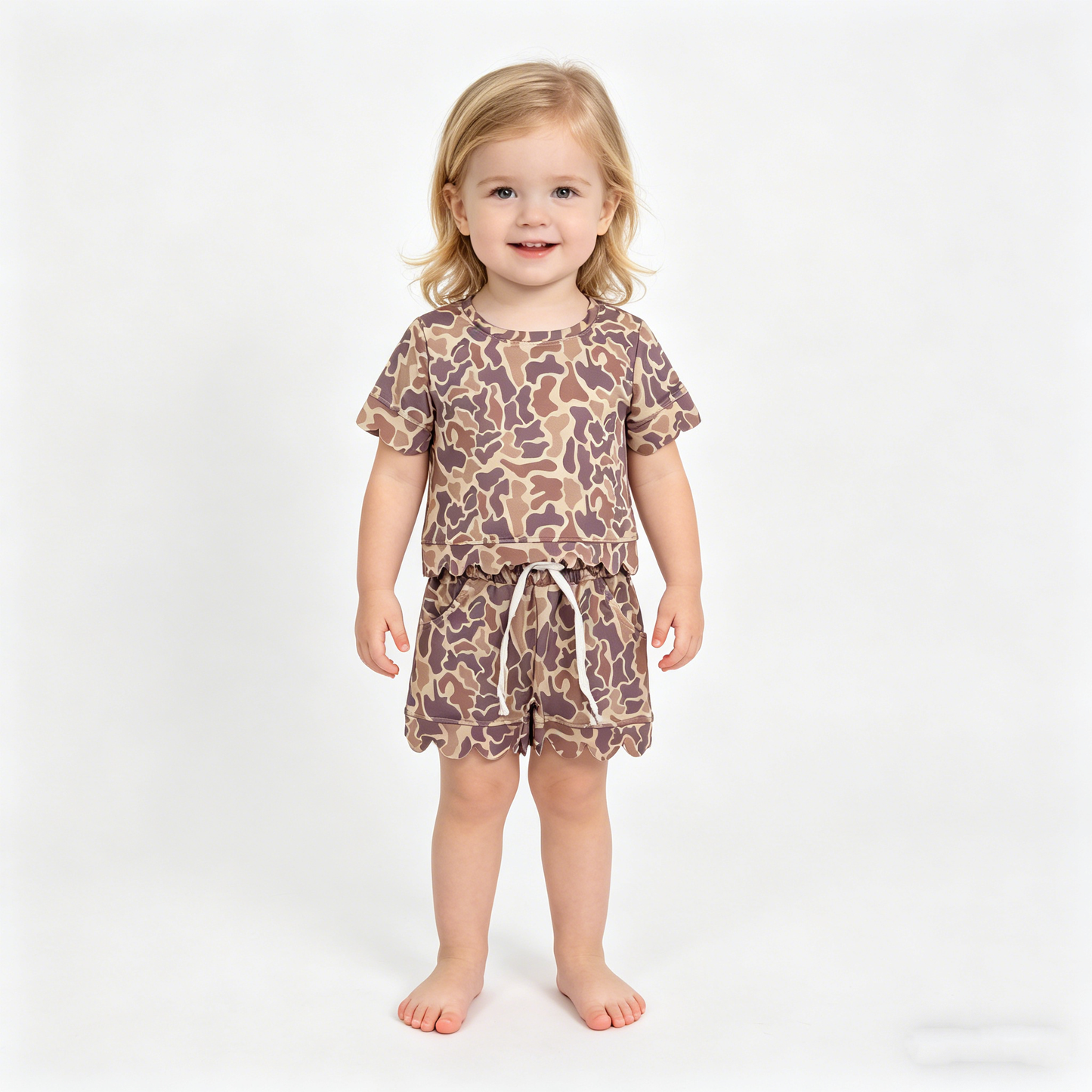 Mama and Me Girls Short Sleeve Southern Camo Top Pockets Short Scallop Clothes Sets
