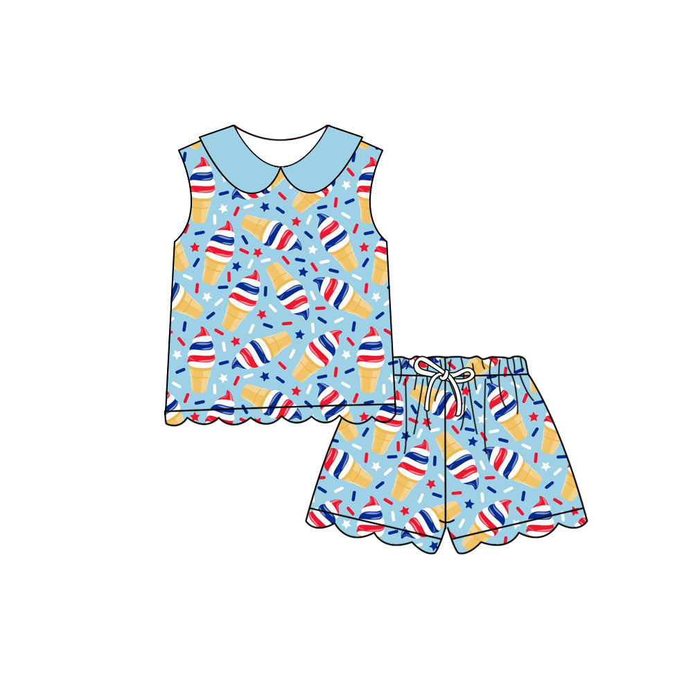 Preorder (moq 5)Baby Girls Sprinkle Stars Collar Top Scallop Shorts 4th of July Clothes Sets