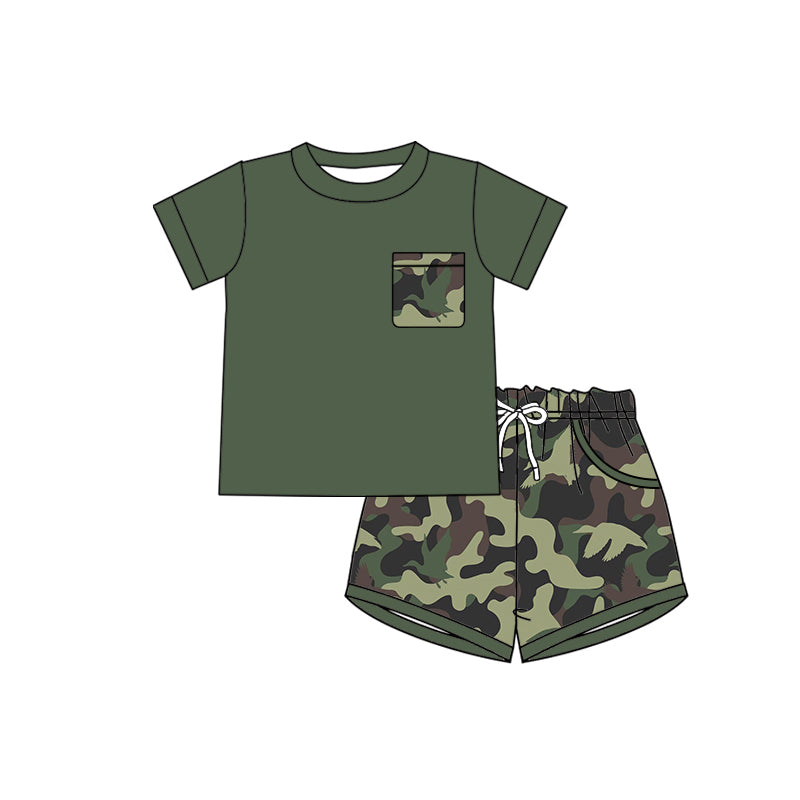 Preorder (moq 5)Baby Boys Olive Shirts Ducks Camo Pockets Short Hunting Clothes Set