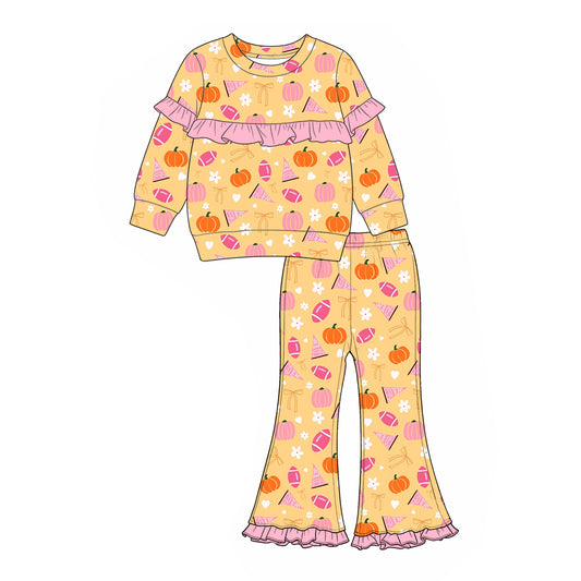 Preorder (moq 5)Baby Girls Footballs Go Team Pumpkins Top Flare Pant Clothes Set