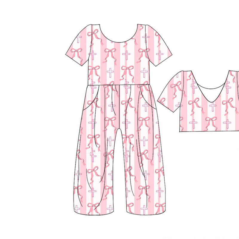 Preorder(moq 5) Baby Girls Pink Bows Crosses Pockets Pants Easter Jumpsuits