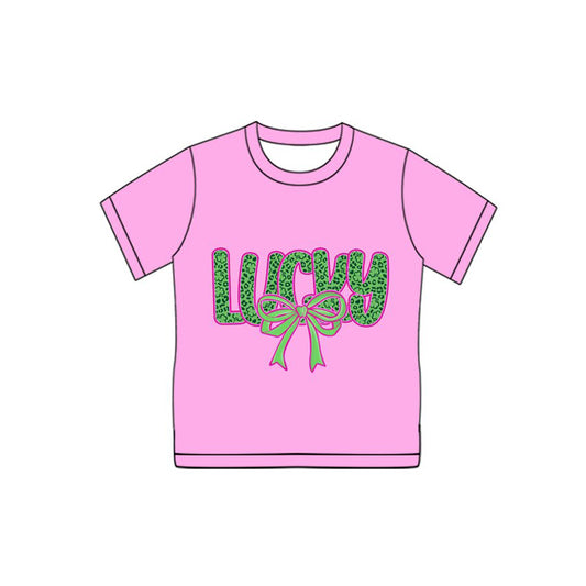 Preorder(moq 8) Adult Women Pink Clovers Bow Lucky Mama St Patrick Tee Shirts Top