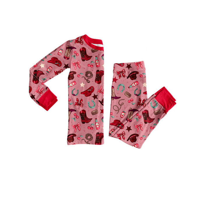 Preorder(moq 5) Baby Girls Red Stars Boots Hats Top Pants Western Pajamas Set