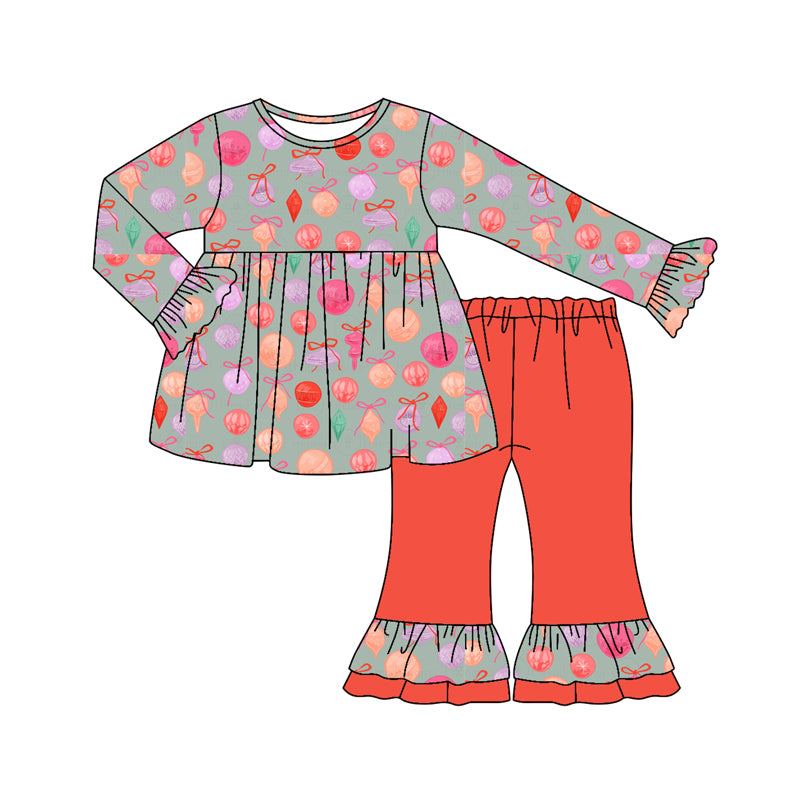 Preorder (moq 5)Baby Girls Long Ruffle Sleeves Lights Bows Plaid Tunic Flare Pants Set