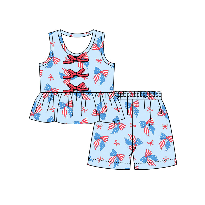 Preorder (moq 5)Baby Girls Flags Bows Button Tunic Shorts 4th of July Clothes Set