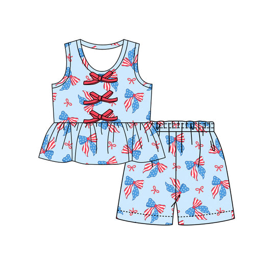 Preorder (moq 5)Baby Girls Flags Bows Button Tunic Shorts 4th of July Clothes Set