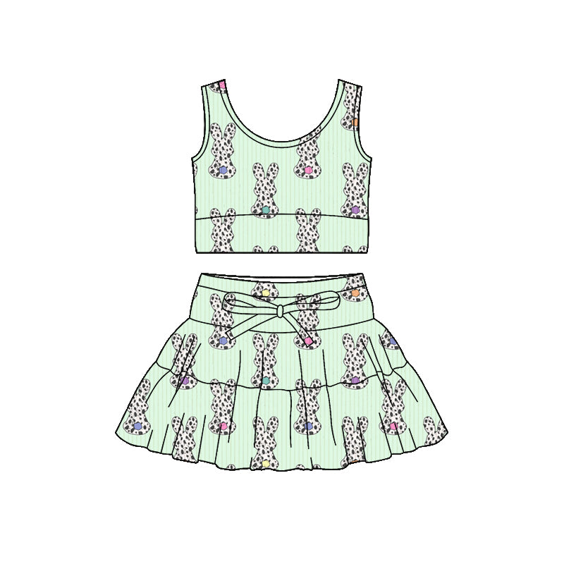 Preorder (moq 5)Baby Girls Cow Print Rabbits Vest Top Skirt Short Easter Clothes Sets