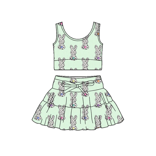 Preorder (moq 5)Baby Girls Cow Print Rabbits Vest Top Skirt Short Easter Clothes Sets