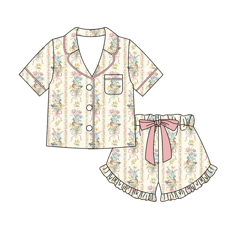 Preorder moq 5 Adult Women Flower Ducks Button Pocket Top Ruffle Short Hunting Pajamas Sets