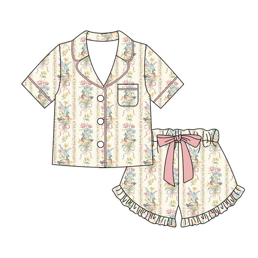 Preorder moq 5 Adult Women Flower Ducks Button Pocket Top Ruffle Short Hunting Pajamas Sets
