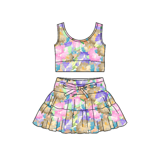 Preorder (moq 5)Baby Girls Sleeveless Colorful Flowers Vest Top Skirt Shorts Clothes Sets